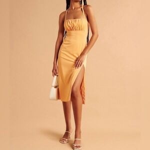 New Abercrombie Fitch Orange Spaghetti Strap Ruched Side Slit Midi Dress Small